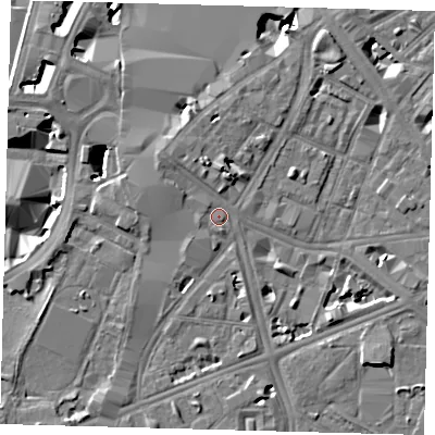 Shaded relief map of the ground around SE17HW, computed from Environment Agency LiDAR. The ground here sits at about 4 m above sea level and falls 9 m across the surrounding 800 m. Surface water reaching this point runs off ground lying to the north-west, 2.1 m higher.