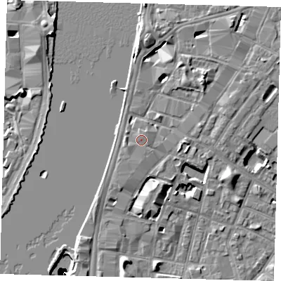 Shaded relief map of the ground around SE17HX, computed from Environment Agency LiDAR. The ground here sits at about 5 m above sea level and falls 50 m across the surrounding 800 m. The ground contributing surface water to this point lies to the north-north-east.