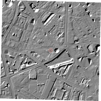Shaded relief map of the ground around SE17JB, computed from Environment Agency LiDAR. The ground here sits at about 3 m above sea level and falls 10 m across the surrounding 800 m. Surface water reaching this point runs off ground lying to the east-north-east, 3.2 m higher.