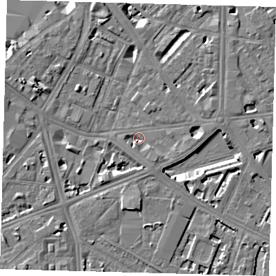 Shaded relief map of the ground around SE17JE, computed from Environment Agency LiDAR. The ground here sits at about 3 m above sea level and falls 8 m across the surrounding 800 m. Surface water reaching this point runs off ground lying to the south-east, 3.5 m higher.