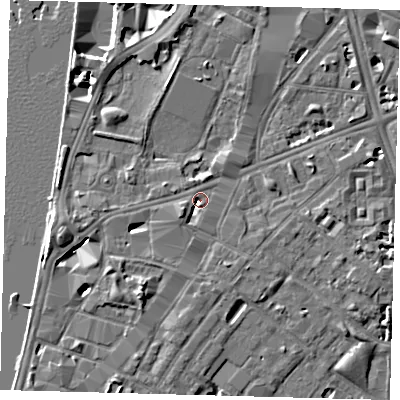 Shaded relief map of the ground around SE17JJ, computed from Environment Agency LiDAR. The ground here sits at about 4 m above sea level and falls 8 m across the surrounding 800 m. Surface water reaching this point runs off ground lying to the south-west, 2.9 m higher.