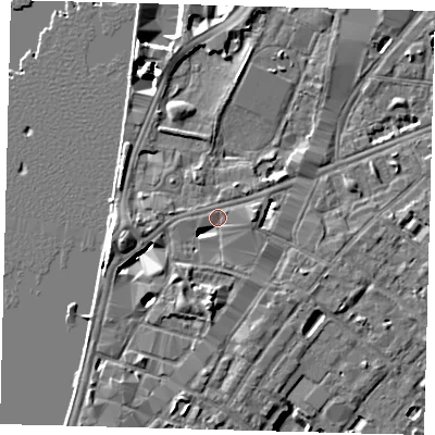 Shaded relief map of the ground around SE17JP, computed from Environment Agency LiDAR. The ground here sits at about 4 m above sea level and falls 7 m across the surrounding 800 m. Surface water reaching this point runs off ground lying to the south, 3.8 m higher.