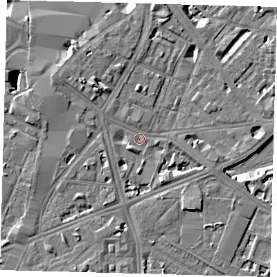 Shaded relief map of the ground around SE17JQ, computed from Environment Agency LiDAR. The ground here sits at about 3 m above sea level and falls 7 m across the surrounding 800 m. Surface water reaching this point runs off ground lying to the north-west, 4.4 m higher.