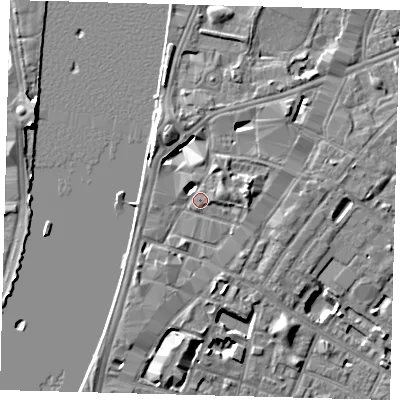 Shaded relief map of the ground around SE17JR, computed from Environment Agency LiDAR. The ground here sits at about 5 m above sea level and falls 7 m across the surrounding 800 m. Surface water reaching this point runs off ground lying to the east-north-east, 5.0 m higher.