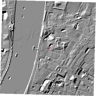 Shaded relief map of the ground around SE17JS, computed from Environment Agency LiDAR. The ground here sits at about 5 m above sea level and falls 7 m across the surrounding 800 m. Surface water reaching this point runs off ground lying to the east-north-east, 5.0 m higher.