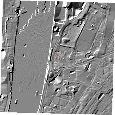 Shaded relief map of the ground around SE17JU, computed from Environment Agency LiDAR. The ground here sits at about 4 m above sea level and falls 8 m across the surrounding 800 m. Surface water reaching this point runs off ground lying to the south-south-west, 6.3 m higher.