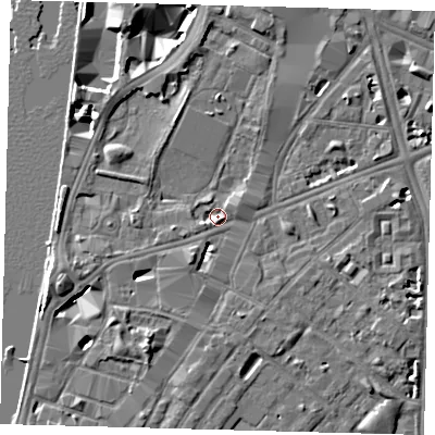 Shaded relief map of the ground around SE17JY, computed from Environment Agency LiDAR. The ground here sits at about 4 m above sea level and falls 8 m across the surrounding 800 m. Surface water reaching this point runs off ground lying to the south-south-west, 4.1 m higher.