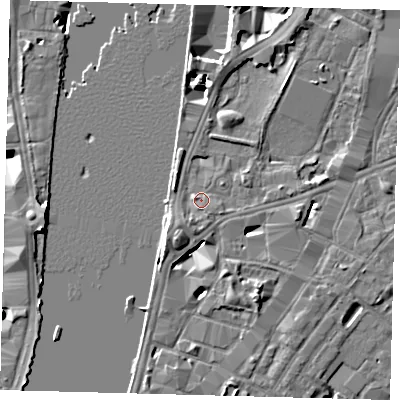Shaded relief map of the ground around SE17LB, computed from Environment Agency LiDAR. The ground here sits at about 4 m above sea level and falls 8 m across the surrounding 800 m. Surface water reaching this point runs off ground lying to the south-west, 2.3 m higher.