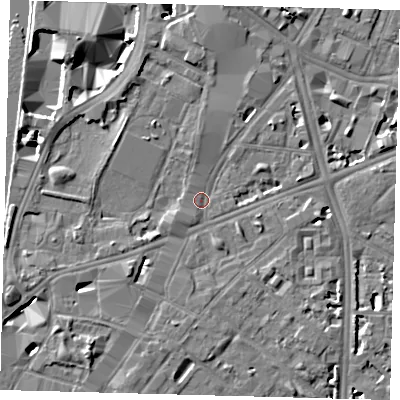 Shaded relief map of the ground around SE17LD, computed from Environment Agency LiDAR. The ground here sits at about 4 m above sea level and falls 9 m across the surrounding 800 m. Surface water reaching this point runs off ground lying to the south-west, 2.5 m higher.