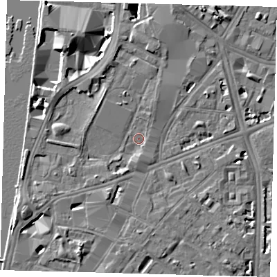 Shaded relief map of the ground around SE17LE, computed from Environment Agency LiDAR. The ground here sits at about 3 m above sea level and falls 9 m across the surrounding 800 m. Surface water reaching this point runs off ground lying to the south-west, 2.4 m higher.