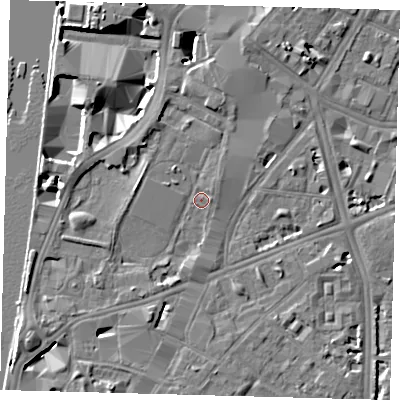 Shaded relief map of the ground around SE17LF, computed from Environment Agency LiDAR. The ground here sits at about 4 m above sea level and falls 9 m across the surrounding 800 m. Surface water reaching this point runs off ground lying to the south-west, 6.7 m higher.