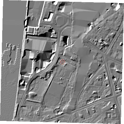 Shaded relief map of the ground around SE17LG, computed from Environment Agency LiDAR. The ground here sits at about 3 m above sea level and falls 9 m across the surrounding 800 m. Surface water reaching this point runs off ground lying to the west, 2.1 m higher.