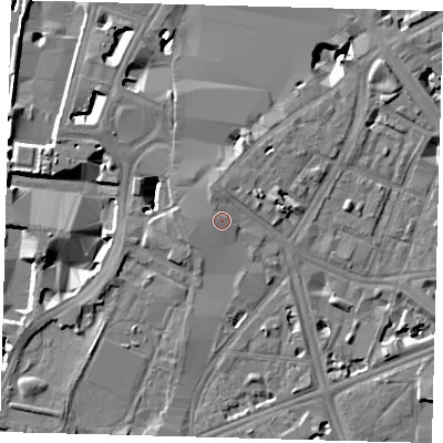 Shaded relief map of the ground around SE17LH, computed from Environment Agency LiDAR. The ground here sits at about 5 m above sea level and falls 9 m across the surrounding 800 m. Surface water reaching this point runs off ground lying to the north-north-west, 0.8 m higher.