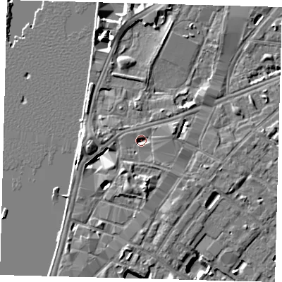 Shaded relief map of the ground around SE17LS, computed from Environment Agency LiDAR. The ground here sits at about 3 m above sea level and falls 8 m across the surrounding 800 m. Surface water reaching this point runs off ground lying to the south-south-east, 3.8 m higher.
