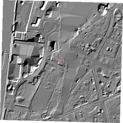 Shaded relief map of the ground around SE17LW, computed from Environment Agency LiDAR. The ground here sits at about 5 m above sea level and falls 9 m across the surrounding 800 m. Surface water reaching this point runs off ground lying to the north, 0.6 m higher.
