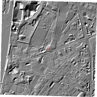 Shaded relief map of the ground around SE17LX, computed from Environment Agency LiDAR. The ground here sits at about 4 m above sea level and falls 8 m across the surrounding 800 m. Surface water reaching this point runs off ground lying to the east, 1.4 m higher.