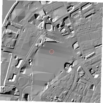 Shaded relief map of the ground around SE17LY, computed from Environment Agency LiDAR. The ground here sits at about 4 m above sea level and falls 13 m across the surrounding 800 m. Surface water reaching this point runs off ground lying to the north-north-west, 5.0 m higher.