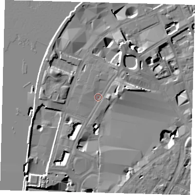 Shaded relief map of the ground around SE17ND, computed from Environment Agency LiDAR. The ground here sits at about 4 m above sea level and falls 13 m across the surrounding 800 m. Surface water reaching this point runs off ground lying to the north-east, 2.1 m higher.