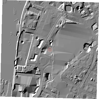 Shaded relief map of the ground around SE17NN, computed from Environment Agency LiDAR. The ground here sits at about 2 m above sea level and falls 12 m across the surrounding 800 m. Surface water reaching this point runs off ground lying to the south-east, 3.7 m higher.