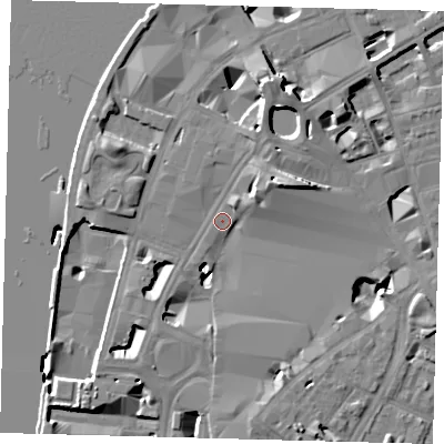 Shaded relief map of the ground around SE17NQ, computed from Environment Agency LiDAR. The ground here sits at about 4 m above sea level and falls 13 m across the surrounding 800 m. Surface water reaching this point runs off ground lying to the north-east, 8.7 m higher.