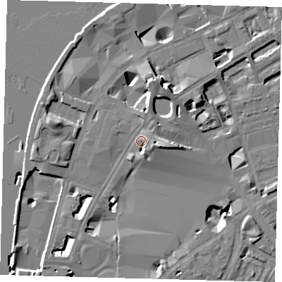 Shaded relief map of the ground around SE17NX, computed from Environment Agency LiDAR. The ground here sits at about 5 m above sea level and falls 13 m across the surrounding 800 m. Surface water reaching this point runs off ground lying to the north-north-east, 3.5 m higher.