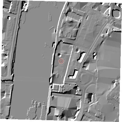 Shaded relief map of the ground around SE17PB, computed from Environment Agency LiDAR. The ground here sits at about 3 m above sea level and falls 19 m across the surrounding 800 m. Surface water reaching this point runs off ground lying to the south-south-west, 5.6 m higher.