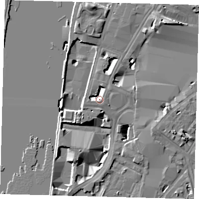 Shaded relief map of the ground around SE17PD, computed from Environment Agency LiDAR. The ground here sits at about 4 m above sea level and falls 12 m across the surrounding 800 m. Surface water reaching this point runs off ground lying to the west, 5.0 m higher.