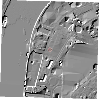 Shaded relief map of the ground around SE17PE, computed from Environment Agency LiDAR. The ground here sits at about 4 m above sea level and falls 20 m across the surrounding 800 m. Surface water reaching this point runs off ground lying to the north-east, 0.9 m higher.