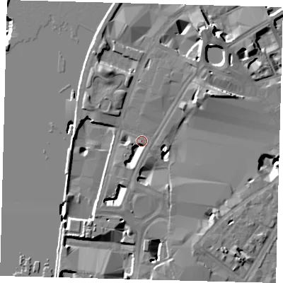 Shaded relief map of the ground around SE17PN, computed from Environment Agency LiDAR. The ground here sits at about 4 m above sea level and falls 17 m across the surrounding 800 m. Surface water reaching this point runs off ground lying to the south-south-west, 5.3 m higher.