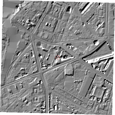 Shaded relief map of the ground around SE17PR, computed from Environment Agency LiDAR. The ground here sits at about 2 m above sea level and falls 7 m across the surrounding 800 m. Surface water reaching this point runs off ground lying to the south, 4.8 m higher.