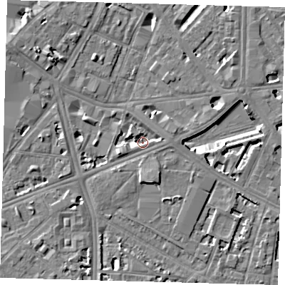 Shaded relief map of the ground around SE17PS, computed from Environment Agency LiDAR. The ground here sits at about 2 m above sea level and falls 7 m across the surrounding 800 m. Surface water reaching this point runs off ground lying to the east, 2.7 m higher.