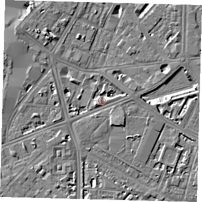 Shaded relief map of the ground around SE17PW, computed from Environment Agency LiDAR. The ground here sits at about 4 m above sea level and falls 7 m across the surrounding 800 m. Surface water reaching this point runs off ground lying to the west-south-west, 4.0 m higher.