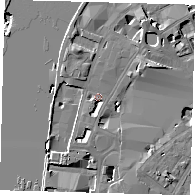 Shaded relief map of the ground around SE17PY, computed from Environment Agency LiDAR. The ground here sits at about 4 m above sea level and falls 20 m across the surrounding 800 m. Surface water reaching this point runs off ground lying to the south-west, 3.9 m higher.