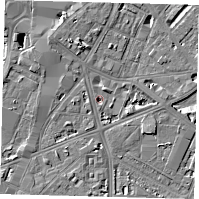 Shaded relief map of the ground around SE17QA, computed from Environment Agency LiDAR. The ground here sits at about 2 m above sea level and falls 7 m across the surrounding 800 m. Surface water reaching this point runs off ground lying to the west-north-west, 2.3 m higher.