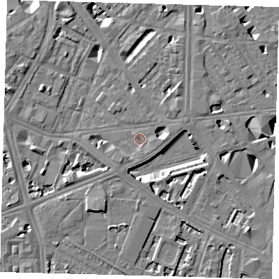 Shaded relief map of the ground around SE17QD, computed from Environment Agency LiDAR. The ground here sits at about 3 m above sea level and falls 10 m across the surrounding 800 m. Surface water reaching this point runs off ground lying to the south, 1.1 m higher.