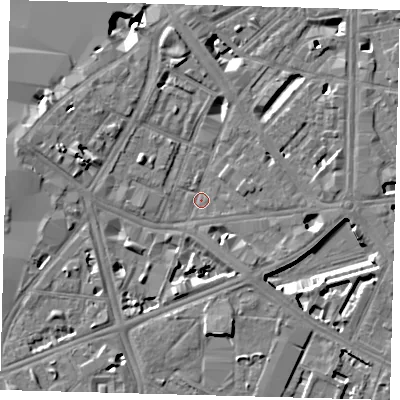 Shaded relief map of the ground around SE17QE, computed from Environment Agency LiDAR. The ground here sits at about 3 m above sea level and falls 9 m across the surrounding 800 m. Surface water reaching this point runs off ground lying to the west-north-west, 4.9 m higher.