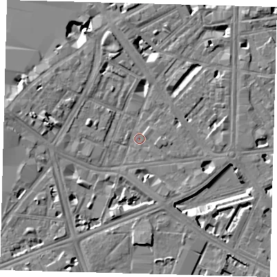 Shaded relief map of the ground around SE17QF, computed from Environment Agency LiDAR. The ground here sits at about 3 m above sea level and falls 9 m across the surrounding 800 m. Surface water reaching this point runs off ground lying to the west-north-west, 4.9 m higher.