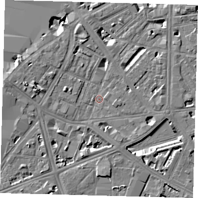 Shaded relief map of the ground around SE17QG, computed from Environment Agency LiDAR. The ground here sits at about 3 m above sea level and falls 9 m across the surrounding 800 m. Surface water reaching this point runs off ground lying to the west, 4.9 m higher.
