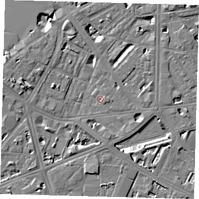 Shaded relief map of the ground around SE17QH, computed from Environment Agency LiDAR. The ground here sits at about 3 m above sea level and falls 9 m across the surrounding 800 m. Surface water reaching this point runs off ground lying to the west-north-west, 4.9 m higher.