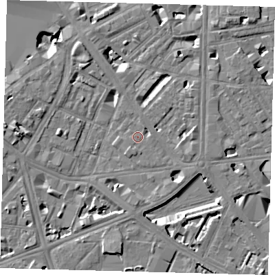 Shaded relief map of the ground around SE17QJ, computed from Environment Agency LiDAR. The ground here sits at about 3 m above sea level and falls 9 m across the surrounding 800 m. Surface water reaching this point runs off ground lying to the east-south-east, 2.1 m higher.