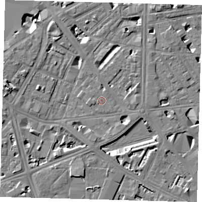 Shaded relief map of the ground around SE17QL, computed from Environment Agency LiDAR. The ground here sits at about 3 m above sea level and falls 9 m across the surrounding 800 m. Surface water reaching this point runs off ground lying to the east, 1.7 m higher.