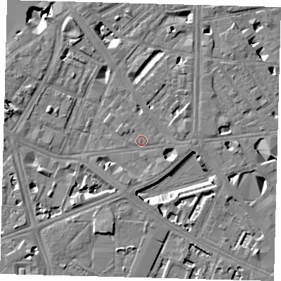 Shaded relief map of the ground around SE17QN, computed from Environment Agency LiDAR. The ground here sits at about 3 m above sea level and falls 8 m across the surrounding 800 m. Surface water reaching this point runs off ground lying to the east, 3.2 m higher.