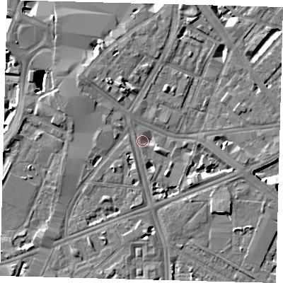 Shaded relief map of the ground around SE17QP, computed from Environment Agency LiDAR. The ground here sits at about 3 m above sea level and falls 7 m across the surrounding 800 m. Surface water reaching this point runs off ground lying to the east-south-east, 3.0 m higher.