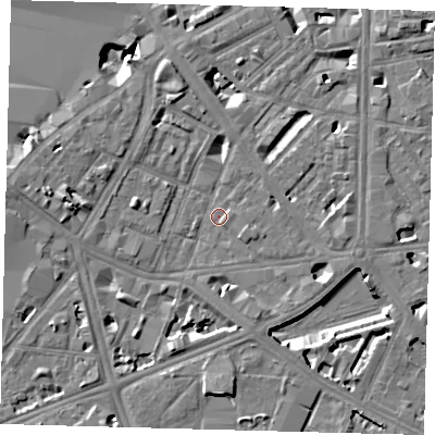 Shaded relief map of the ground around SE17QQ, computed from Environment Agency LiDAR. The ground here sits at about 3 m above sea level and falls 9 m across the surrounding 800 m. Surface water reaching this point runs off ground lying to the west, 4.9 m higher.