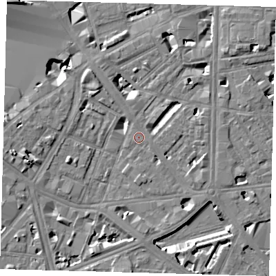 Shaded relief map of the ground around SE17QU, computed from Environment Agency LiDAR. The ground here sits at about 4 m above sea level and falls 12 m across the surrounding 800 m. Surface water reaching this point runs off ground lying to the north-west, 4.1 m higher.