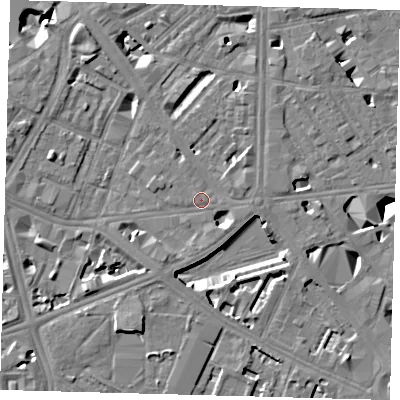 Shaded relief map of the ground around SE17QX, computed from Environment Agency LiDAR. The ground here sits at about 3 m above sea level and falls 10 m across the surrounding 800 m. Surface water reaching this point runs off ground lying to the east-north-east, 1.6 m higher.