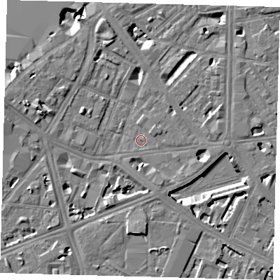 Shaded relief map of the ground around SE17QY, computed from Environment Agency LiDAR. The ground here sits at about 3 m above sea level and falls 9 m across the surrounding 800 m. Surface water reaching this point runs off ground lying to the west-north-west, 4.9 m higher.