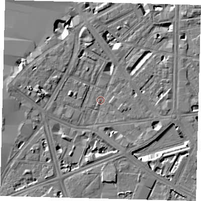 Shaded relief map of the ground around SE17QZ, computed from Environment Agency LiDAR. The ground here sits at about 3 m above sea level and falls 9 m across the surrounding 800 m. Surface water reaching this point runs off ground lying to the west, 4.9 m higher.