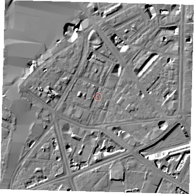 Shaded relief map of the ground around SE17RB, computed from Environment Agency LiDAR. The ground here sits at about 3 m above sea level and falls 9 m across the surrounding 800 m. Surface water reaching this point runs off ground lying to the west, 4.9 m higher.