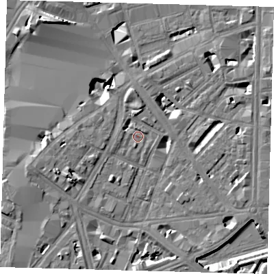 Shaded relief map of the ground around SE17RE, computed from Environment Agency LiDAR. The ground here sits at about 3 m above sea level and falls 12 m across the surrounding 800 m. Surface water reaching this point runs off ground lying to the north, 1.7 m higher.